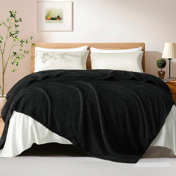 Exclusivo Mezcla Fuzzy Fleece Queen Size Bed Blanket, Lightweight Fluffy Solid Velvet Queen Blankets, 90x90 Inches, Black