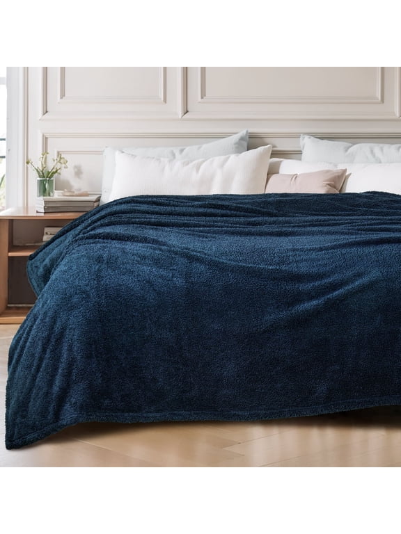 Fuzzy Fleece Twin Size Bed Blanket, Lightweight Fluffy Solid Velvet Twin Blankets, 60x80 Inches, Navy Blue