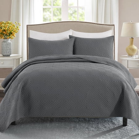 Exclusivo Mezcla Gray King Quilt Set, Square Pattern Ultrasonic Lightweight Bedspreads, Soft Coverlets Bedding Set with Pillow Shams