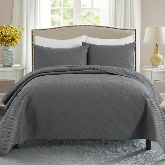 Exclusivo Mezcla Gray King Quilt Set, Square Pattern Ultrasonic Lightweight Bedspreads, Soft Coverlets Bedding Set with Pillow Shams