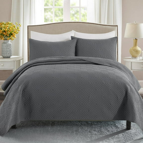 Exclusivo Mezcla Gray King Quilt Set, Square Pattern Ultrasonic Lightweight Bedspreads, Soft Coverlets Bedding Set with Pillow Shams