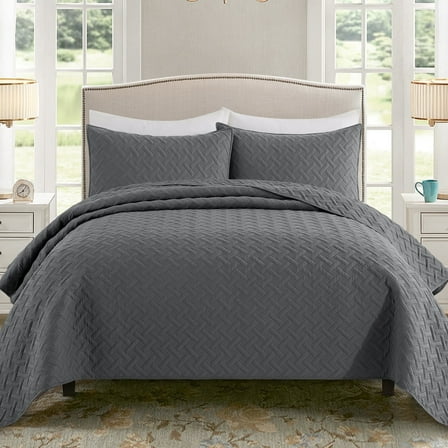 Exclusivo Mezcla Gray King Quilt Set, Weave Pattern Ultrasonic Lightweight Bedspreads, Soft Coverlets Bedding Set with Pillow Shams