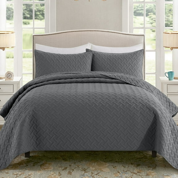 Exclusivo Mezcla Gray King Quilt Set, Weave Pattern Ultrasonic Lightweight Bedspreads, Soft Coverlets Bedding Set with Pillow Shams