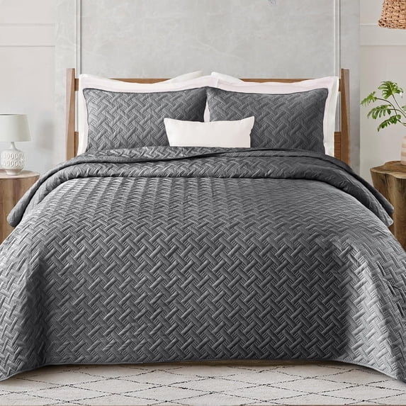 Exclusivo Mezcla Gray King Quilt Set, Weave Pattern Ultrasonic Lightweight Bedspreads, Soft Coverlets Bedding Set with Pillow Shams