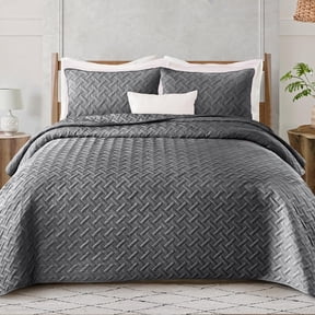 Exclusivo Mezcla Gray Queen Quilt Set, Weave Pattern Ultrasonic Lightweight Bedspreads, Soft Coverlets Bedding Set with Pillow Shams