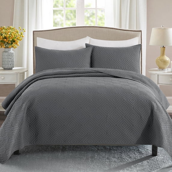 Exclusivo Mezcla Gray Twin Quilt Set, Square Pattern Ultrasonic Lightweight Bedspreads, Soft Coverlets Bedding Set with Pillow Sham