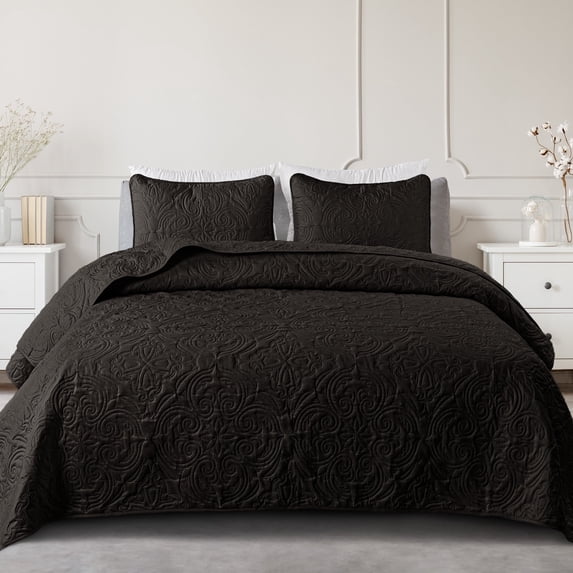 Exclusivo Mezcla King Quilt Bedding Set, Lightweight Vintage King Size Quilts with Pillow Shams, Soft Bedspreads Coverlets for All Seasons (104"x96", Black)