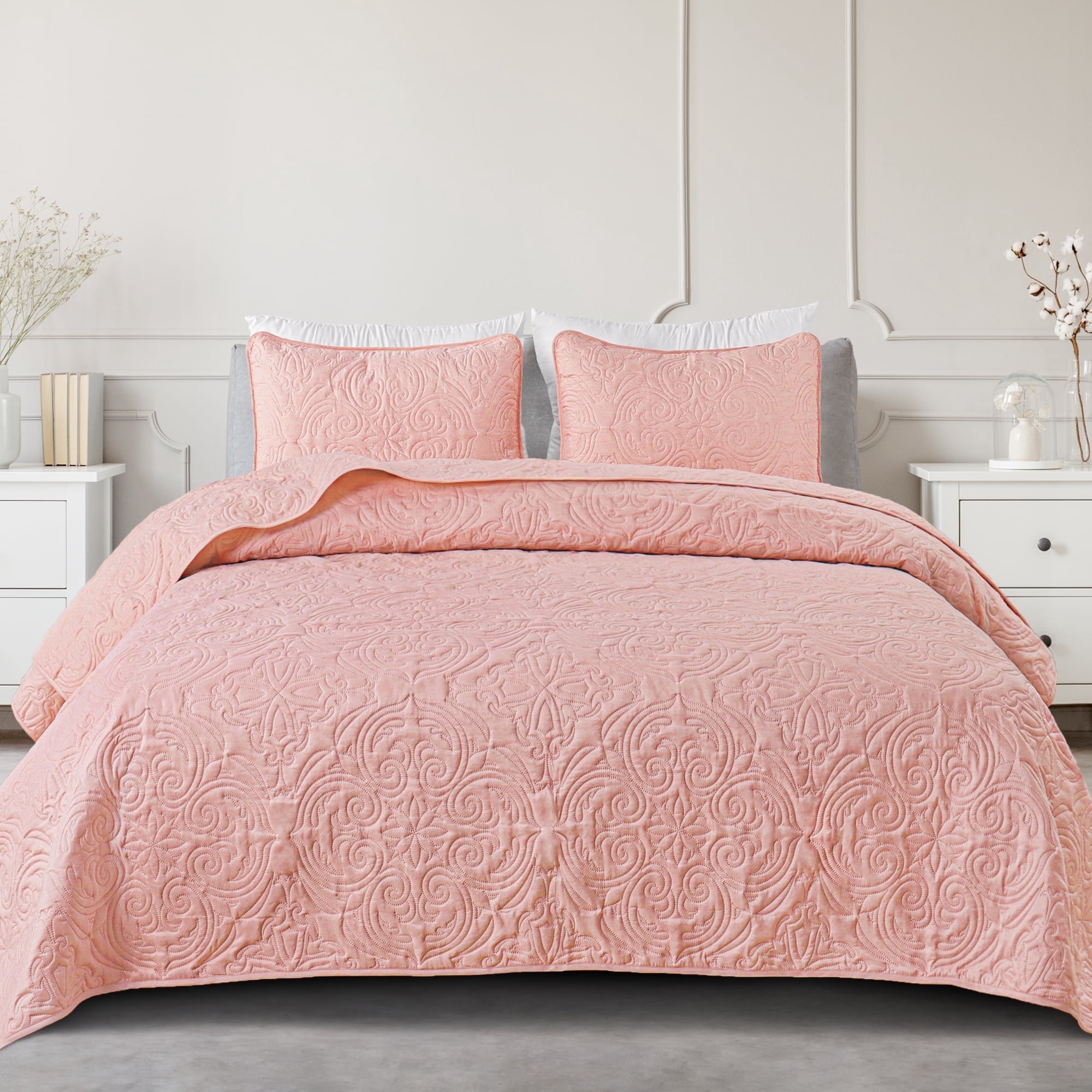 Exclusivo Mezcla King Quilt Bedding Set, Lightweight Vintage King Size Quilts with Pillow Shams, Soft Bedspreads Coverlets for All Seasons (104"x96", Blush Pink)