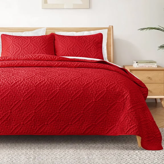Exclusivo Mezcla King Quilt Bedding Set, Lightweight Soft Bedspreads Coverlets with 2 Pillow Shams, Modern Red Oversized Quilts King Size for All Seasons