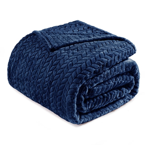 Exclusivo Mezcla King Size Flannel Fleece Blanket, 90"x104" Soft Jacquard Weave Leaves Pattern Velvet Plush Bed Blanket, Navy Blue