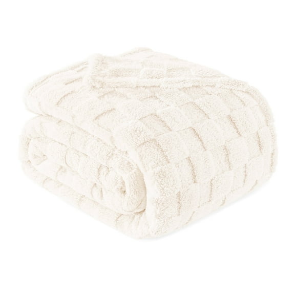 Exclusivo Mezcla King Size Flannel Fleece Blanket, Super Soft Warm Lightweight Checkered Pattern Blanket for All Seasons, Ivory, 90"x104"