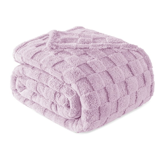Exclusivo Mezcla King Size Flannel Fleece Blanket, Super Soft Warm Lightweight Checkered Pattern Blanket for All Seasons, Light Purple, 90"x104"