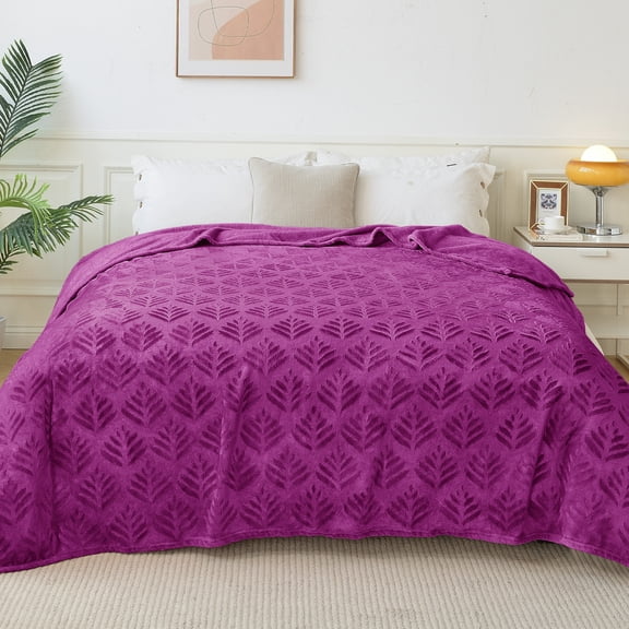Exclusivo Mezcla King Size Fleece Blanket for Bed, Leaves Pattern Super Soft and Cozy Blankets, Plush Fuzzy Lightweight, Purple, 90"x104"