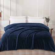 Exclusivo Mezcla King Size Jacquard Weave Wave Pattern Flannel Fleece Velvet Plush Bed Blanket as Bedspread/Coverlet/Bed Cover (90" x 104", Navy Blue)