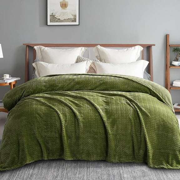 Exclusivo Mezcla King Size Jacquard Weave Wave Pattern Flannel Fleece Velvet Plush Bed Blanket as Bedspread/Coverlet/Bed Cover (90" x 104", Olive Green)