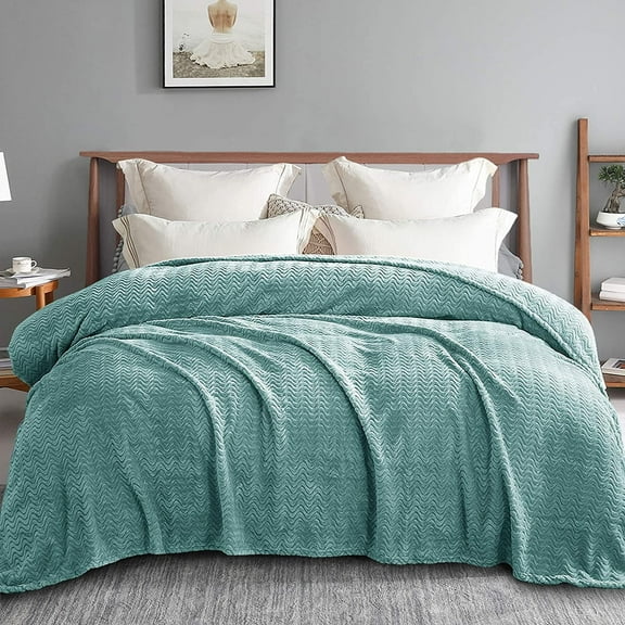 Exclusivo Mezcla King Size Jacquard Weave Wave Pattern Flannel Fleece Velvet Plush Bed Blanket as Bedspread/Coverlet/Bed Cover (90" x 104", Celadon)