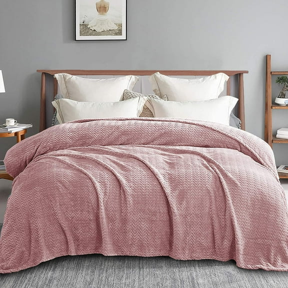 Exclusivo Mezcla King Size Jacquard Weave Wave Pattern Flannel Fleece Velvet Plush Bed Blanket as Bedspread/Coverlet/Bed Cover (90" x 104", Pink)