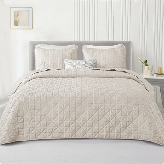 Exclusivo Mezcla King Size Quilt Bedding Set, Lightweight Soft Brich Beige King Bedspreads Coverlets with Geometric Stitched Pattern