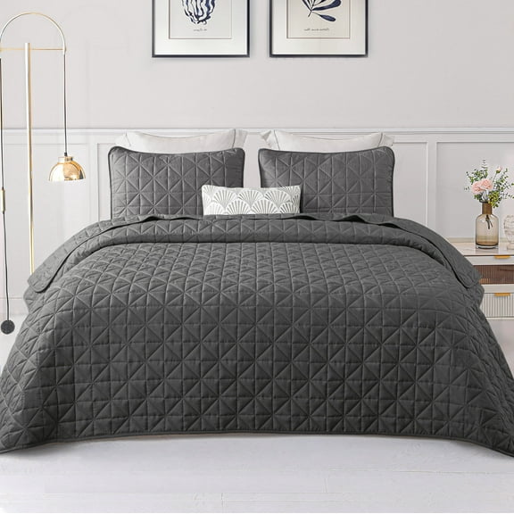 Exclusivo Mezcla King Size Quilt Bedding Set, Lightweight Soft Grey King Bedspreads Coverlets with Geometric Stitched Pattern