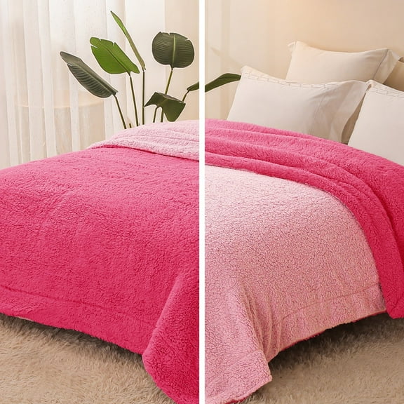 Exclusivo Mezcla King Size Reversible Sherpa Fleece Blanket, Soft Plush Blanket for Bed Sofa, Warm Fluffy Blankets for All Season, 90"x104", Hot Pink/ Light Pink
