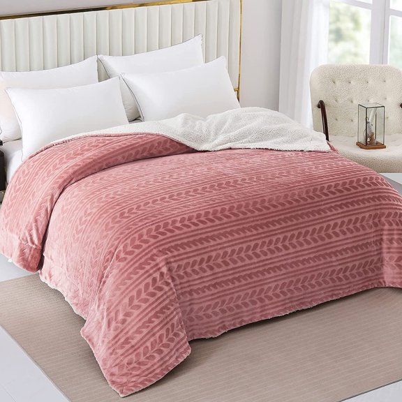Exclusivo Mezcla King Size Sherpa Fleece Bed Blanket, Ultra Soft and Warm Reversible Velvet Blankets for Bed Couch Sofa 90x104 inches, Dusty Pink
