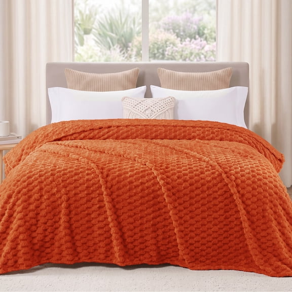 Exclusivo Mezcla King Size Soft Fleece Blanket, 90"x104" Stylish Jacquard Velvet Blanket for Bed, Cozy Soft Lightweight for All Season, Burnt Orange