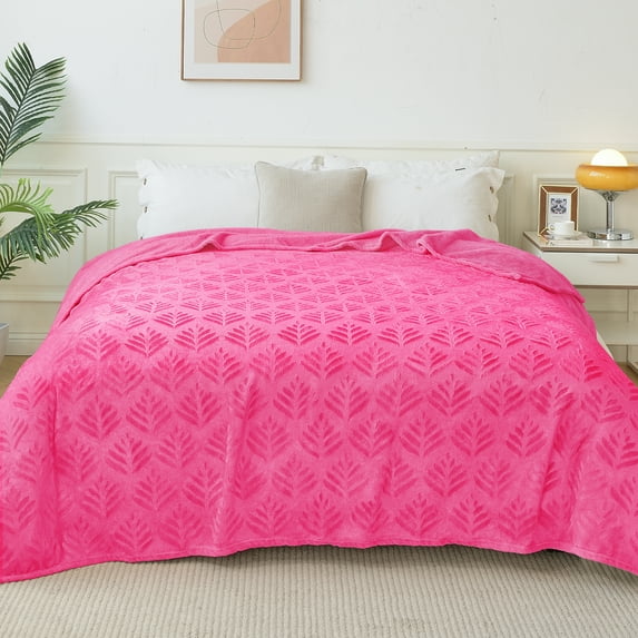 Exclusivo Mezcla King Size Fleece Blanket for Bed, Leaves Pattern Super Soft and Cozy Blankets, Plush Fuzzy Lightweight, Hot Pink, 90"x104"