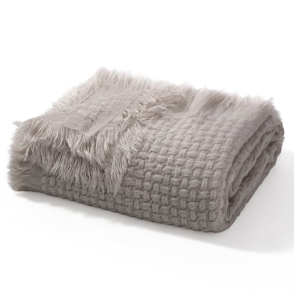 Exclusivo Mezcla Knitted Twin Size Blanket with Fringes for Bed, Soft and Warm Textured Blanket for All Season, Lightweight Breathable Living Room Bedding, Beige, 60”x80”