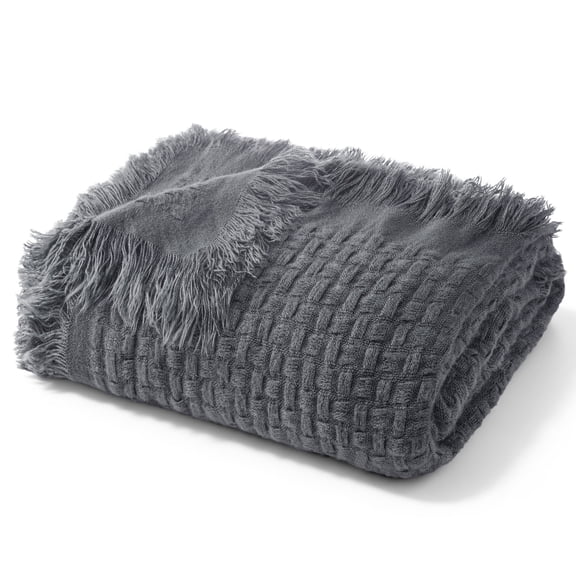 Exclusivo Mezcla Knitted Twin Size Blanket with Fringes for Bed, Soft and Warm Textured Blanket for All Season, Lightweight Breathable Living Room Bedding, Dark Grey, 60”x80”