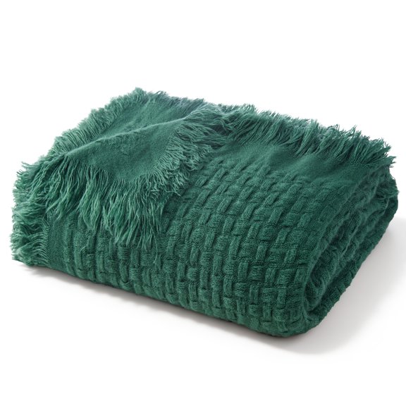 Exclusivo Mezcla Knitted Throw Blanket with Fringes for Couch, Soft and Warm Textured Throw for All Season, Lightweight Breathable Room Decor, Forest Green, 50”x60”