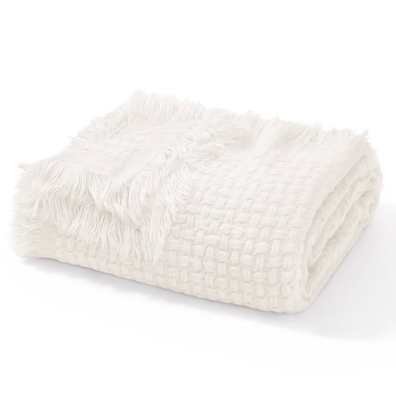 Exclusivo Mezcla Knitted Twin Size Blanket with Fringes for Bed, Soft and Warm Textured Blanket for All Season, Lightweight Breathable Living Room Bedding, Ivory, 60”x80”
