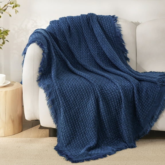 Exclusivo Mezcla Knitted Throw Blanket with Fringes for Couch, Soft and Warm Textured Throw for All Season, Lightweight Breathable Room Decor, Navy Blue, 50”x60”