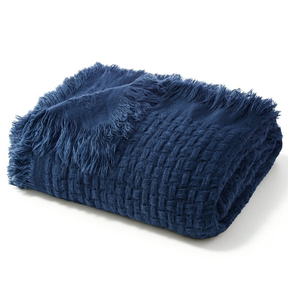 Exclusivo Mezcla Knitted Twin Size Blanket with Fringes for Bed, Soft and Warm Textured Blanket for All Season, Lightweight Breathable Living Room Bedding, Navy Blue, 60”x80”
