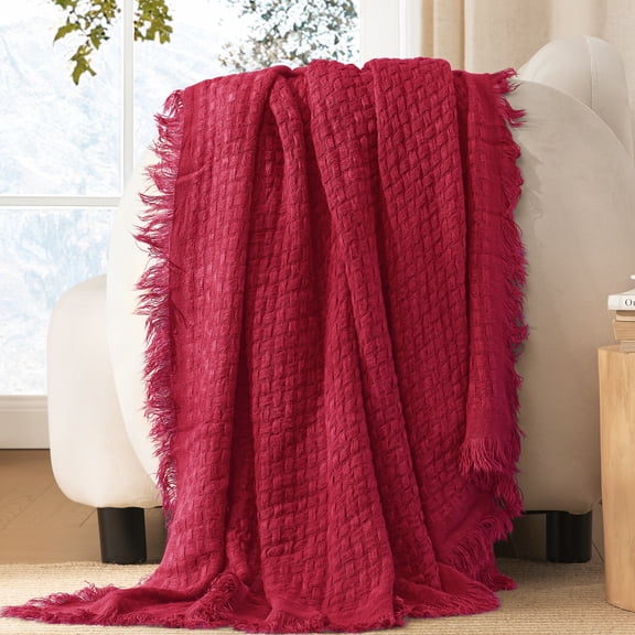 Exclusivo Mezcla Knitted Throw Blanket with Fringes for Couch, Soft and Warm Textured Throw for All Season, Lightweight Breathable Room Decor, Red, 50”x60”