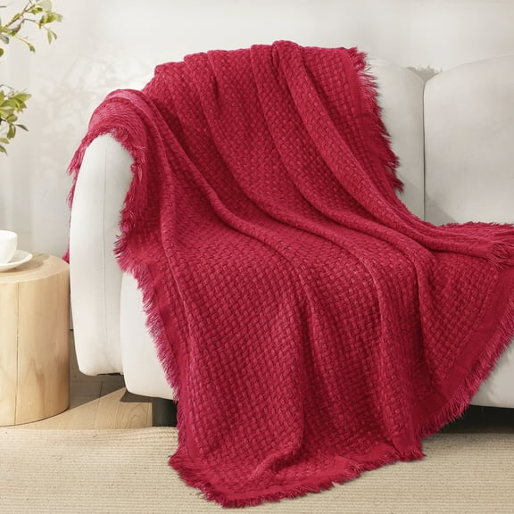 Exclusivo Mezcla Knitted Throw Blanket with Fringes for Couch, Soft and Warm Textured Throw for All Season, Lightweight Breathable Room Decor, Red, 50”x60”