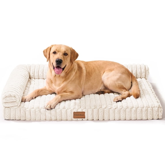 Exclusivo Mezcla L-Shaped Couch Washable Orthopedic Pet Bed 48"x30", Fluffy Sleeping Couch Pet Bed for Large Dog, Ivory