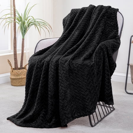 Exclusivo Mezcla Large Flannel Fleece Throw Blanket, Jacquard Weave Leaves Pattern (50" x 70", Black)