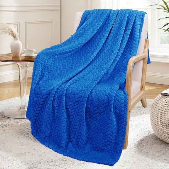 Exclusivo Mezcla Large Flannel Fleece Throw Blanket, Jacquard Weave Leaves Pattern (50" x 70", Cobalt Blue)