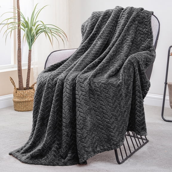 Exclusivo Mezcla Large Flannel Fleece Throw Blanket, Jacquard Weave Leaves Pattern (50" x 70", Dark Grey)