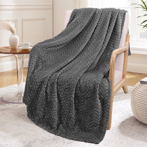 Exclusivo Mezcla Large Flannel Fleece Throw Blanket, Jacquard Weave Leaves Pattern (50" x 70", Dark Grey)
