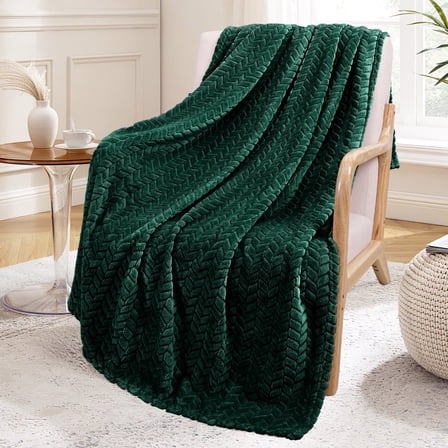 Exclusivo Mezcla Large Flannel Fleece Throw Blanket, Jacquard Weave Leaves Pattern (50" x 70", Forest Green)