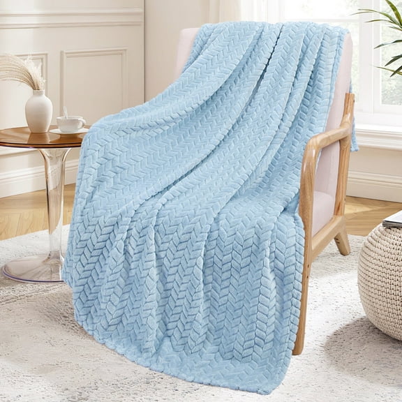 Exclusivo Mezcla Large Flannel Fleece Throw Blanket, Jacquard Weave Leaves Pattern (50" x 70", Light Blue)