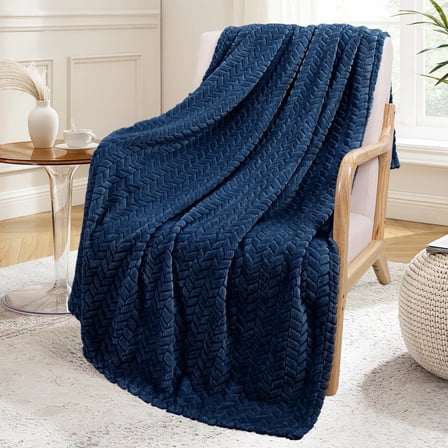 Exclusivo Mezcla Large Flannel Fleece Throw Blanket, Jacquard Weave Leaves Pattern (50" x 70", Navy Blue)