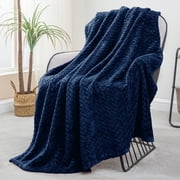 Exclusivo Mezcla Large Flannel Fleece Throw Blanket, Jacquard Weave Leaves Pattern 50" x 70", Navy Blue