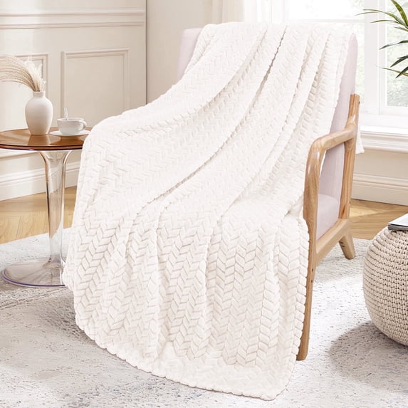Exclusivo Mezcla Large Flannel Fleece Throw Blanket, Jacquard Weave Leaves Pattern (50" x 70", Ivory)