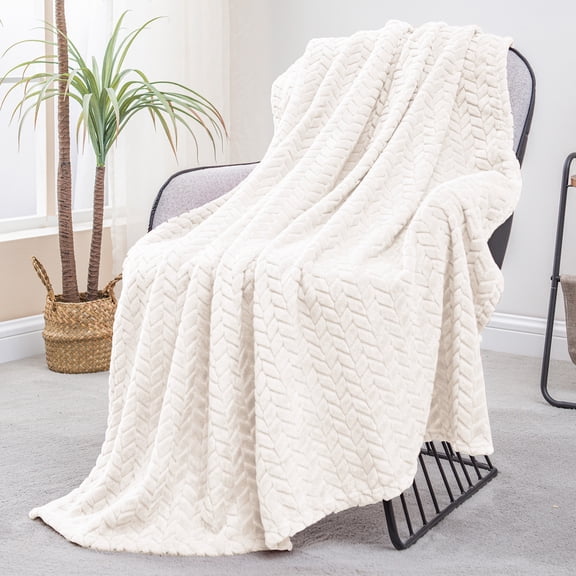 Exclusivo Mezcla Large Flannel Fleece Throw Blanket, Jacquard Weave Leaves Pattern (50" x 70", Ivory)
