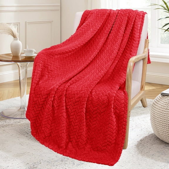 Exclusivo Mezcla Large Flannel Fleece Throw Blanket, Jacquard Weave Leaves Pattern (50" x 70", Red)