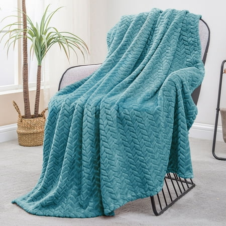 Exclusivo Mezcla Large Flannel Fleece Throw Blanket, Jacquard Weave Leaves Pattern (50" x 70", Slate Blue)