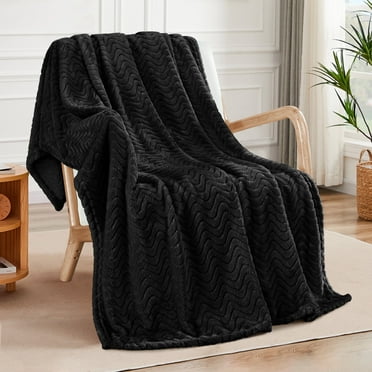 Exclusivo Mezcla Large Flannel Fleece Throw Blanket, Jacquard Weave Wave Pattern Blanket (50" x 70", Black)
