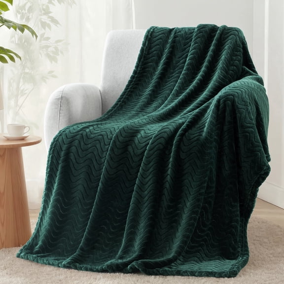 Exclusivo Mezcla Large Flannel Fleece Throw Blanket, Jacquard Weave Wave Pattern Blanket (50" x 70", Forest Green)